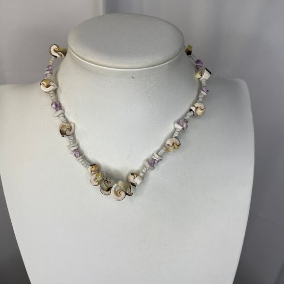 tropical shell necklace beaded light violet off white puca puka faux or real - Picture 1 of 12